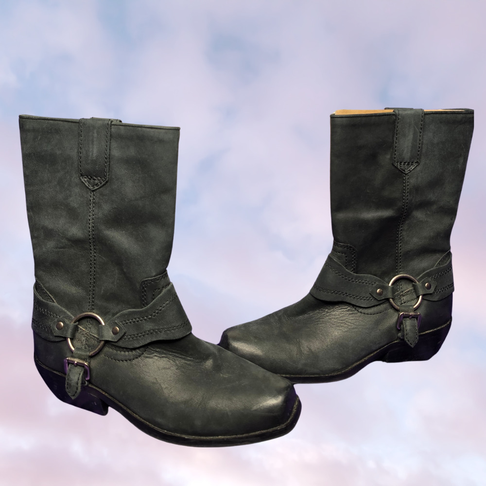 Zodiac Black Square Toe Harness Distressed Strap Western Leather Cowgirl Boot 7